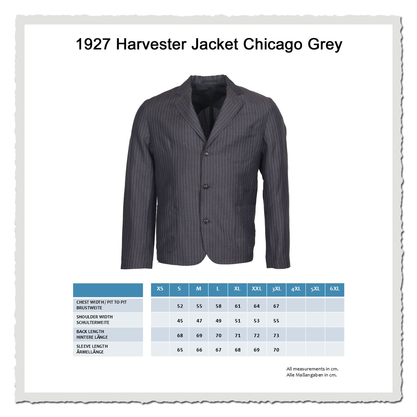 Größentabelle zum grauen Nadelstreifen-Sakko mit Produktabbildung auf hellem Hintergrund.